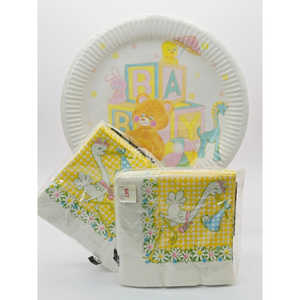 Vintage Baby Shower Plates Napkins Set Reed Paper Art Teddy Bear Stork Yellow